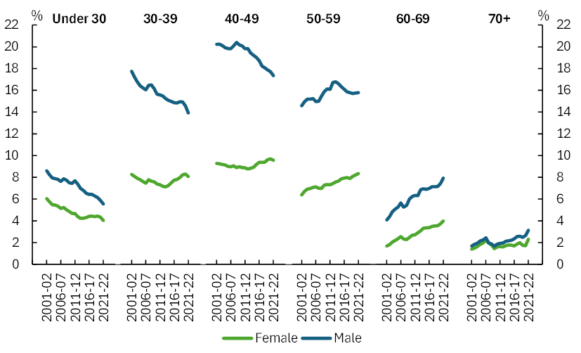 Share of personal income tax, 10-year age groups, by gender